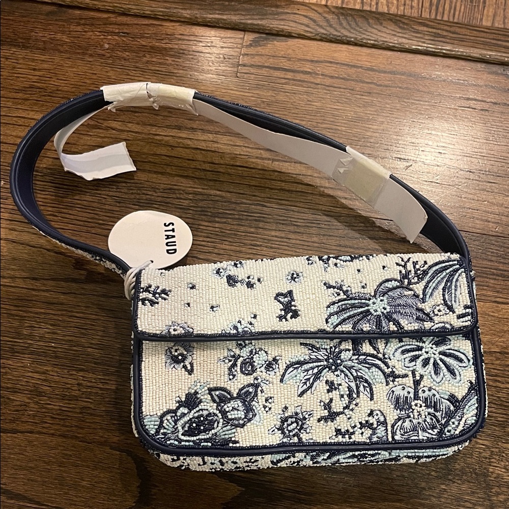STAUD Navy and Cream Floral Crossbody Bag
